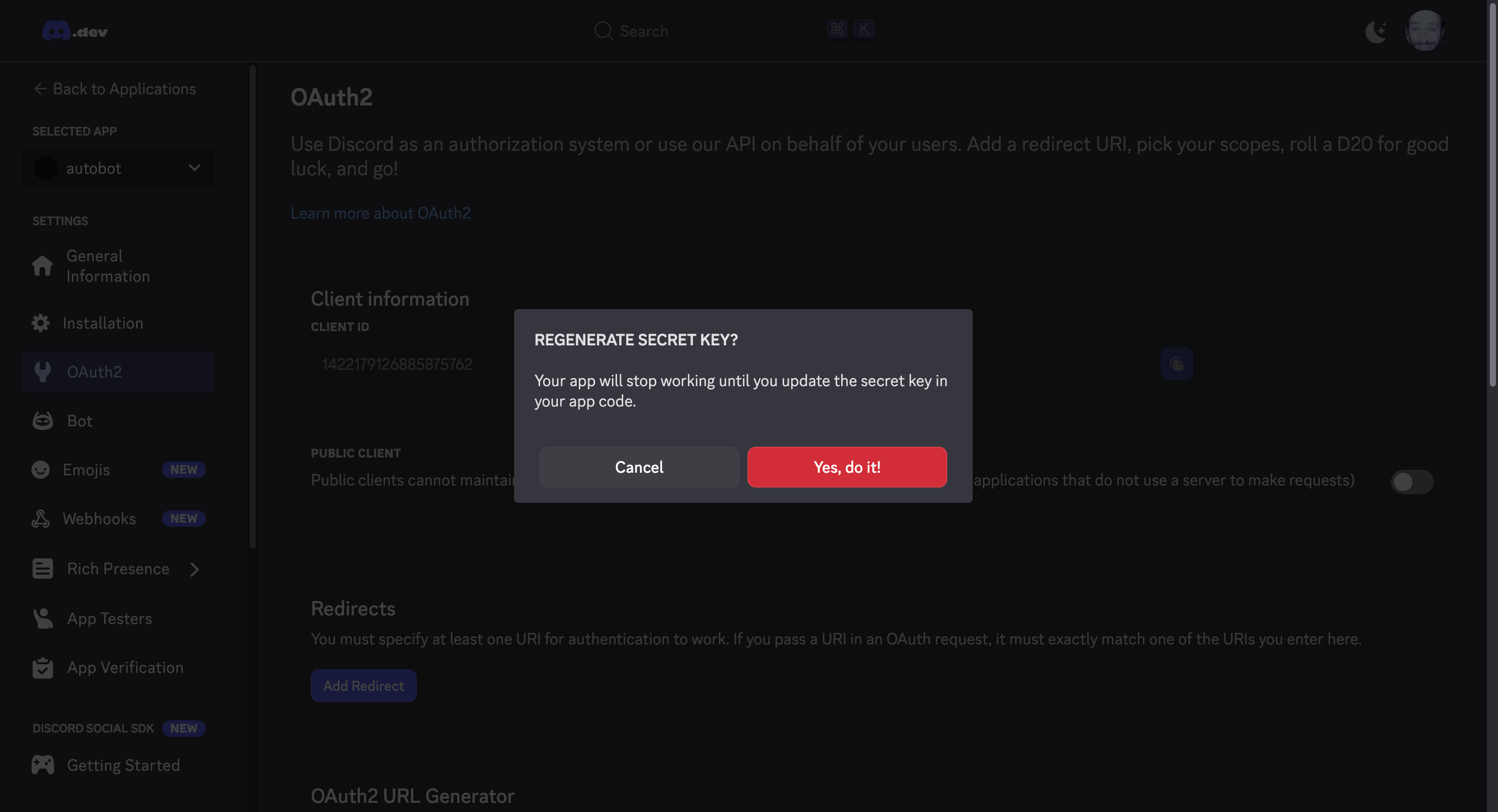Client credentials - Discord Client Secret Popup