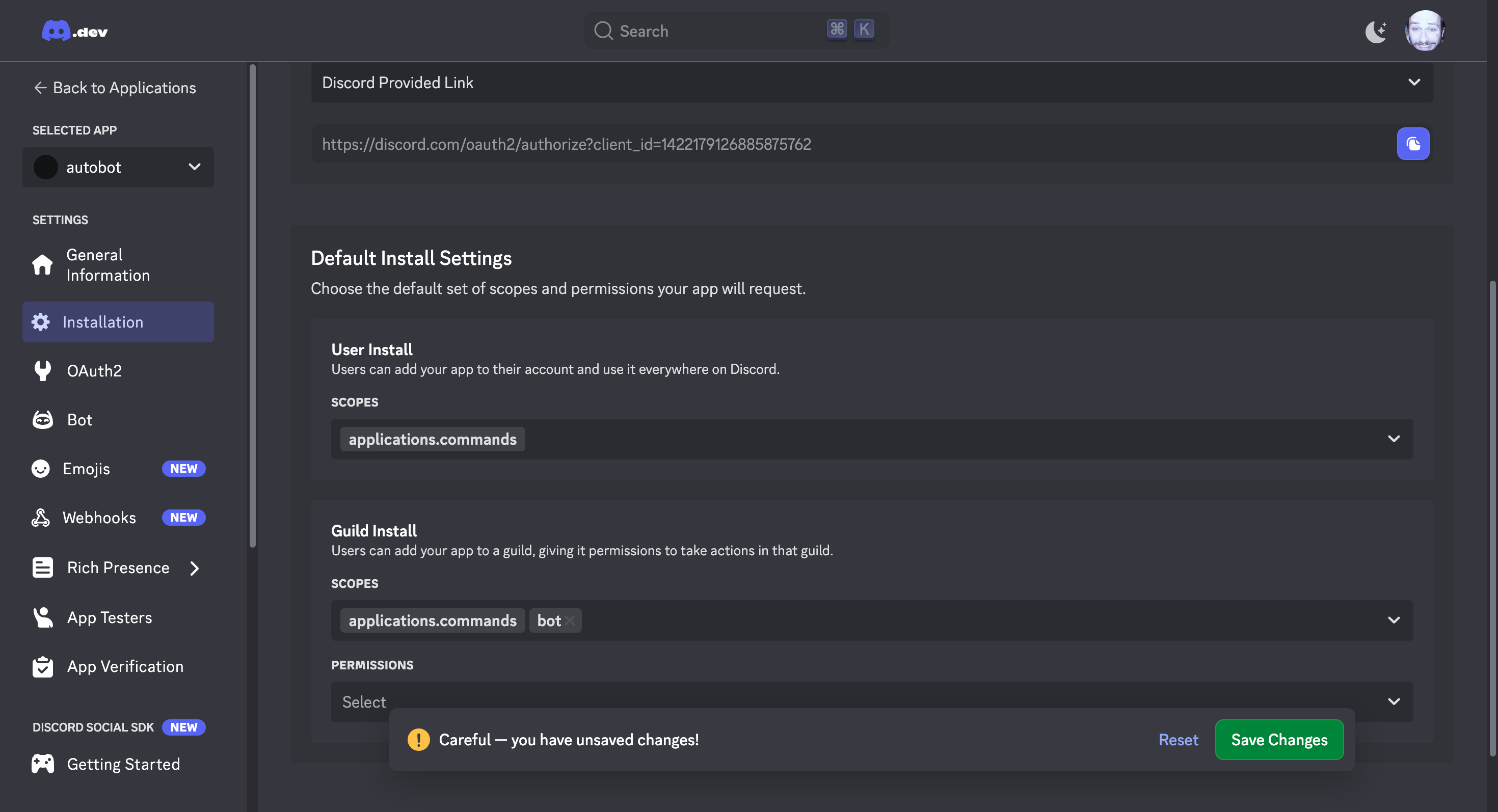 Default Install Settings - Update Guild Install