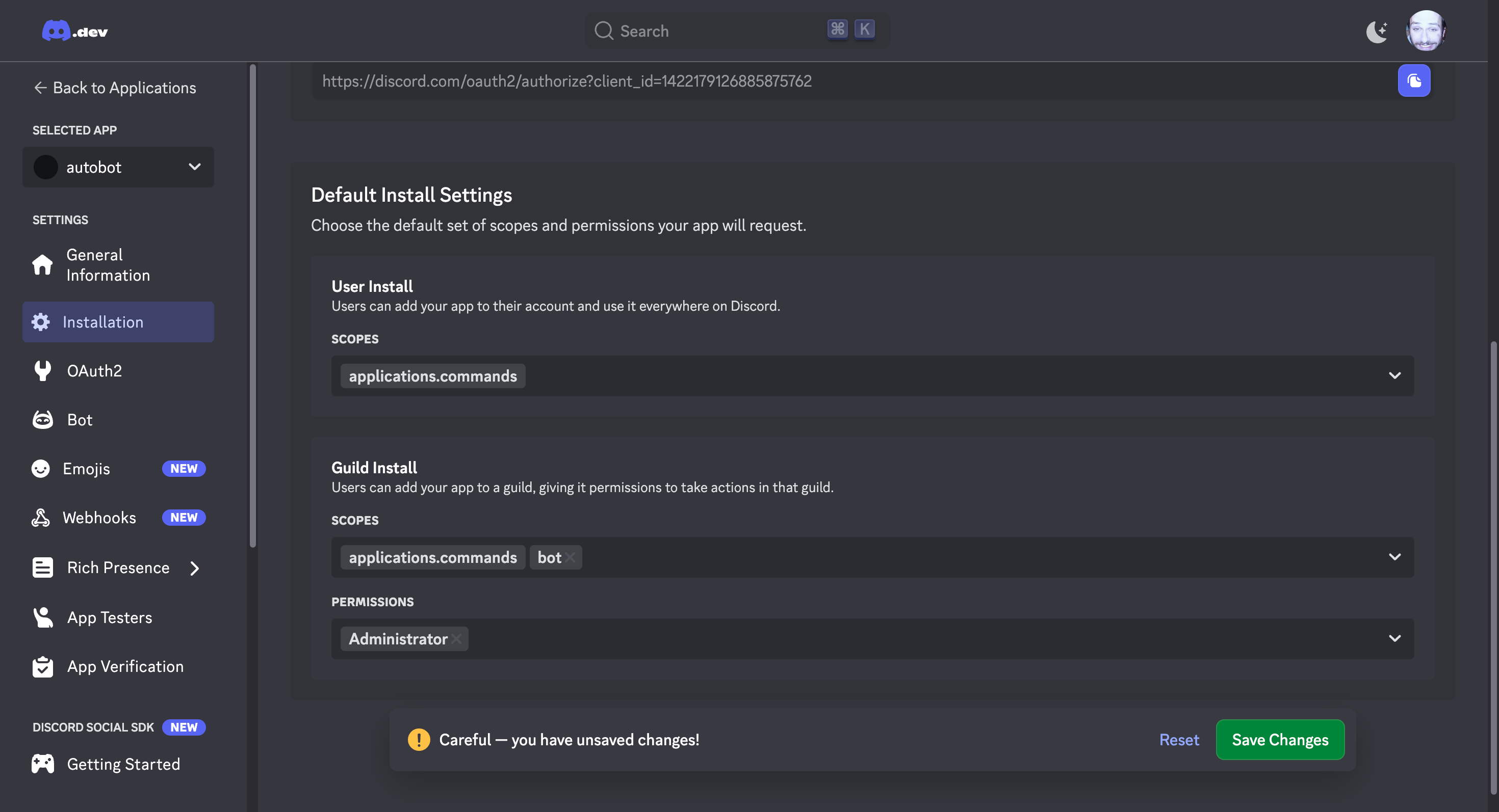 Default Install Settings - Add bot permissions