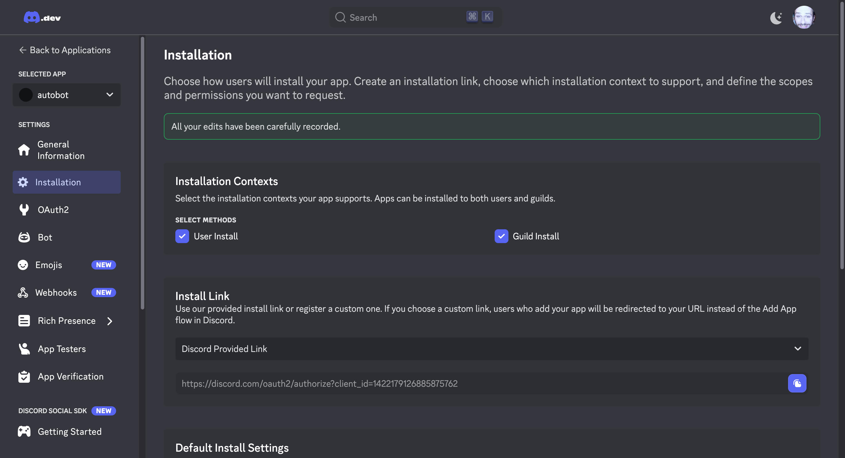 Default Install Settings - Save confirmation